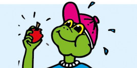 Frosch Hopsi Hopper isst einen Apfel