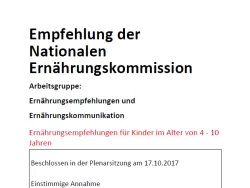 Titelseite Empfehlungen der Nationalen Ernährungskommision für Kinder von 4-10 Jahren