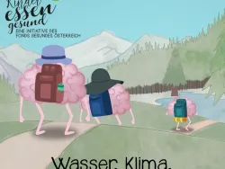 Bergige, waldige Landschaft, Brainy und seine Familie wandern mit Rucksäcken einen Weg entlang in Richtung eines Sees.