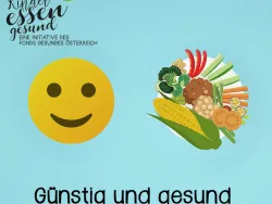 Lachender Smiley und Teller mit Gemüse und Obst vor blauem Hintergrund
