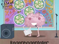 Brainy singt auf Bühne mit buntem Hintergrund