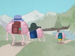 Bergige, waldige Landschaft, Brainy und seine Familie wandern mit Rucksäcken einen Weg entlang in Richtung eines Sees.