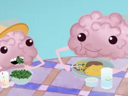 Gehirnchen-Familie beim Essen am Mittagstisch