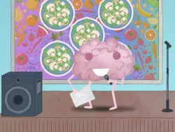 Brainy singt auf Bühne mit buntem Hintergrund