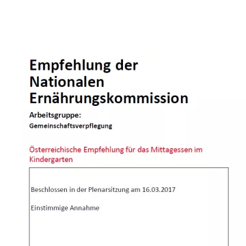 Titelseite Empfehlung der Nationalen Ernährungskommission für das Mittagessen im Kindergarten