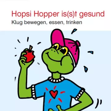 Frosch Hopsi Hopper isst einen Apfel