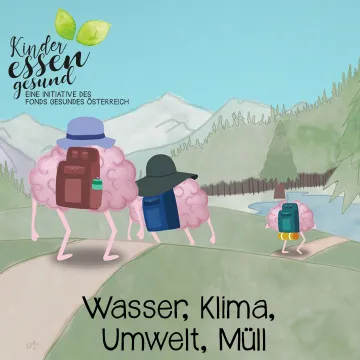 Bergige, waldige Landschaft, Brainy und seine Familie wandern mit Rucksäcken einen Weg entlang in Richtung eines Sees. 