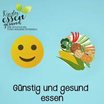 Lachender Smiley und Teller mit Gemüse und Obst vor blauem Hintergrund
