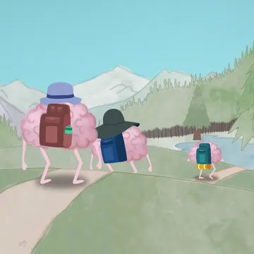 Bergige, waldige Landschaft, Brainy und seine Familie wandern mit Rucksäcken einen Weg entlang in Richtung eines Sees. 