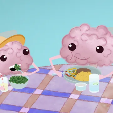 Gehirnchen-Familie beim Essen am Mittagstisch