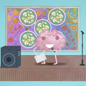 Brainy singt auf Bühne mit buntem Hintergrund