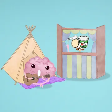 Brainy sitzt vor einem Zelt, spielt Gitarre und singt