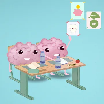 Zwei Brainies sitzen an einem Schultisch mit Wasserflaschen vor ihnen © FGÖ/GÖG