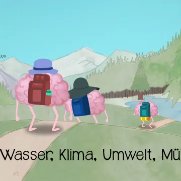 Bergige, waldige Landschaft, Brainy und seine Familie wandern mit Rucksäcken einen Weg entlang in Richtung eines Sees. 