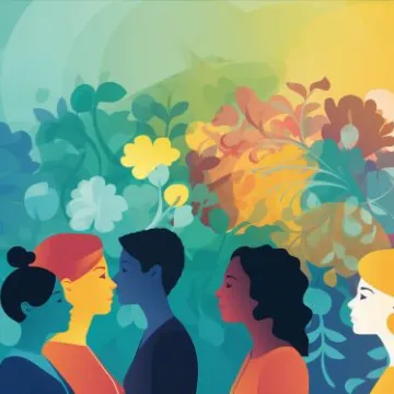 Personen in Profilansicht vor buntem Hintergrund in blau, gelb und pink Tönen