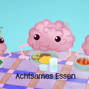 Gehirnchen-Familie beim Essen am Mittagstisch