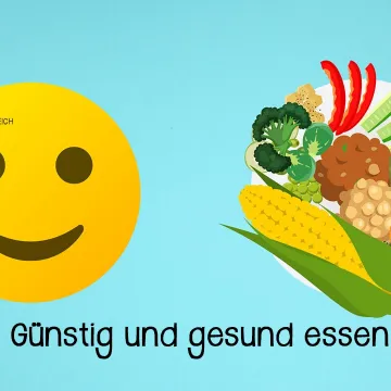 Lachender Smiley und Teller mit Gemüse und Obst vor blauem Hintergrund