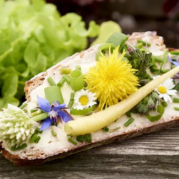 Butterbrot belegt mit bunten Blüten und Kräutern