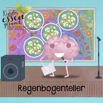 Vorschaubild Regenbogenteller © FGÖ,GÖG Brainy singt auf Bühne mit buntem Hintergrund